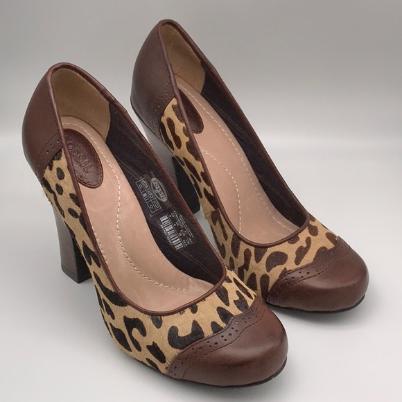 NWT Fossil Sahara Stacked Heel Pump Leather Animal Print Size 8 NIB - Picture 2 of 13